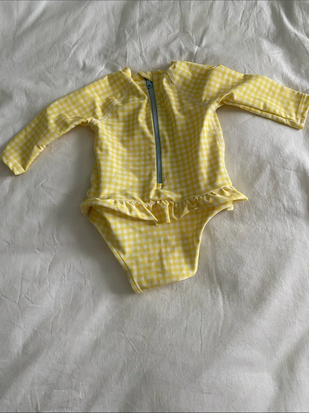 Ralph Lauren Yellow Gingham Long-Sleeve Rash Guard Swimsuit with Ruffle